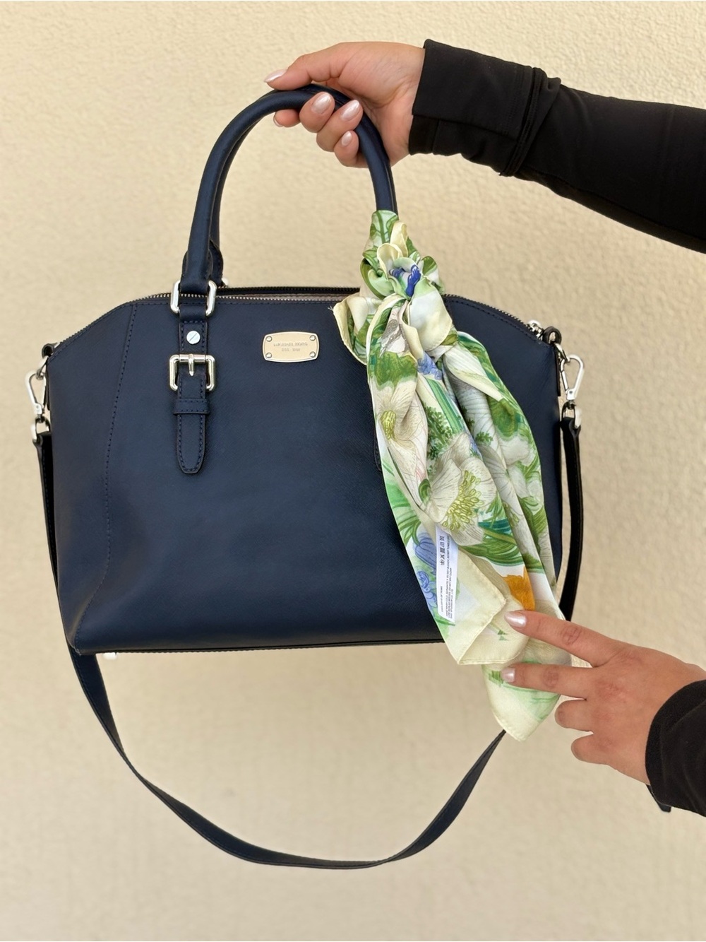 Michael Kors Navy Leather Satchel with Floral Scarf